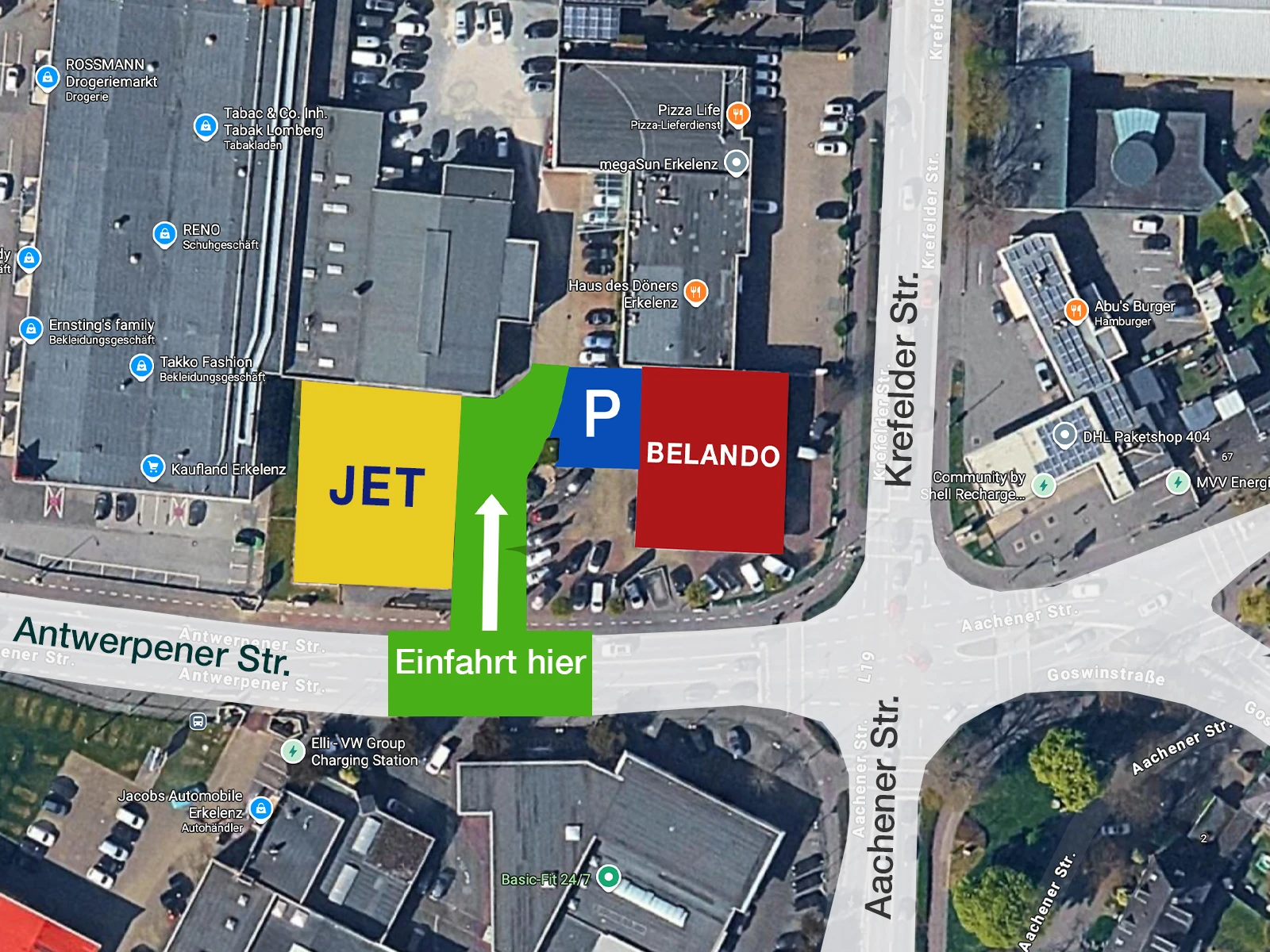 Luftbild mit Zufahrt und Kundenparkplätzen bei BELANDO Betten Erkelenz