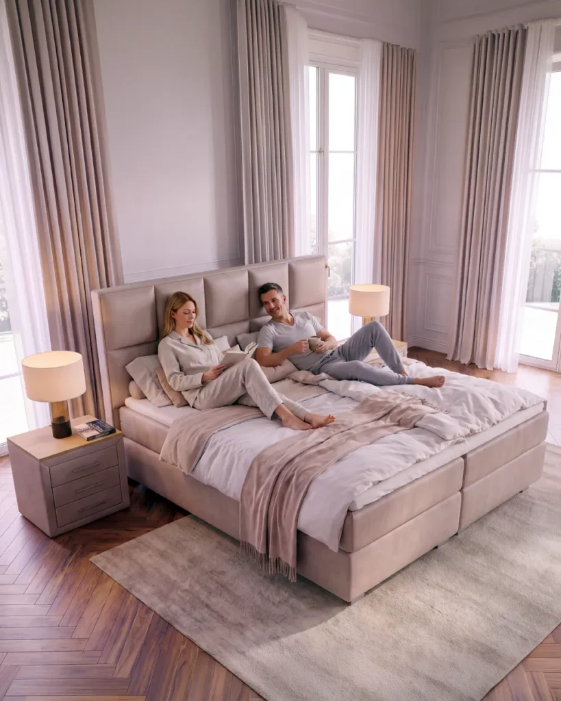 Zwei Personen entspannen in einem breiten Boxspringbett mit viel Platz zum Lesen und Ausruhen