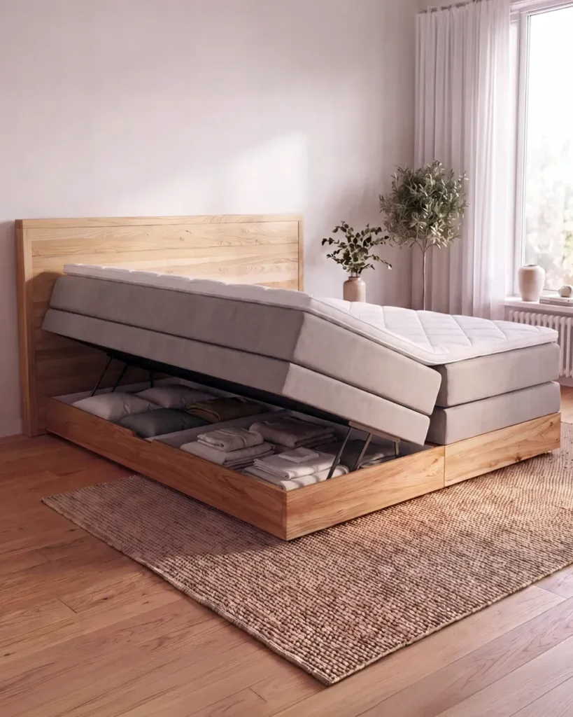 Boxspringbett mit geöffnetem Bettkasten und Stauraum unter der Liegefläche