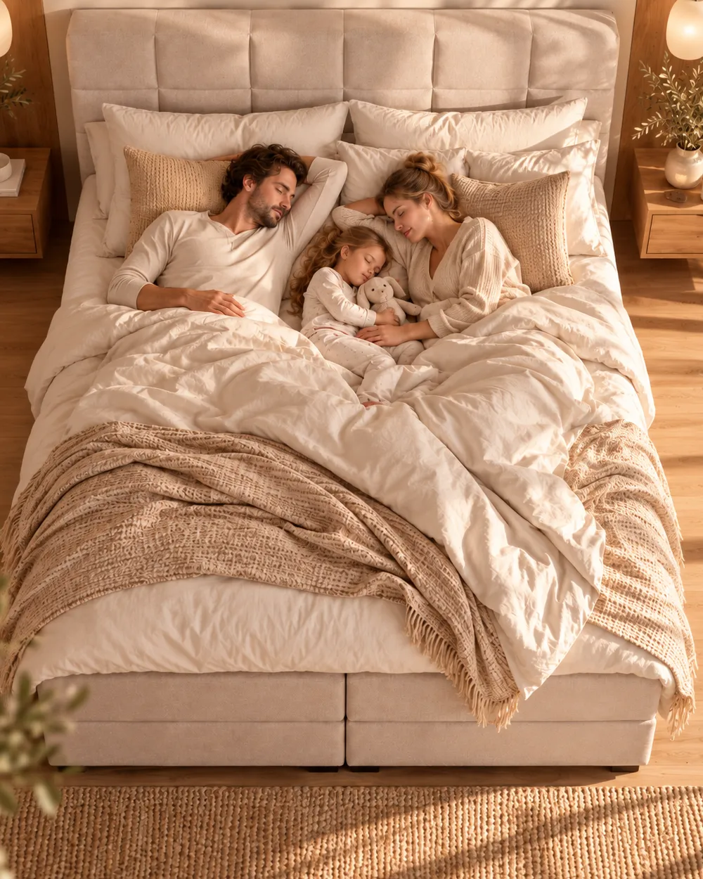 Familie auf einem Boxspringbett 180 × 200 cm im Größenvergleich